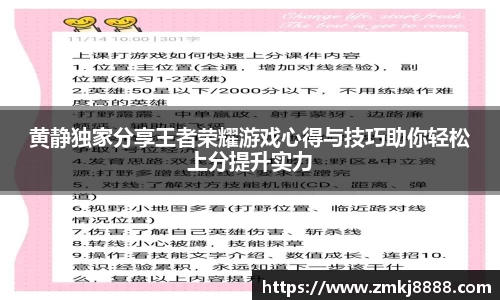 黄静独家分享王者荣耀游戏心得与技巧助你轻松上分提升实力